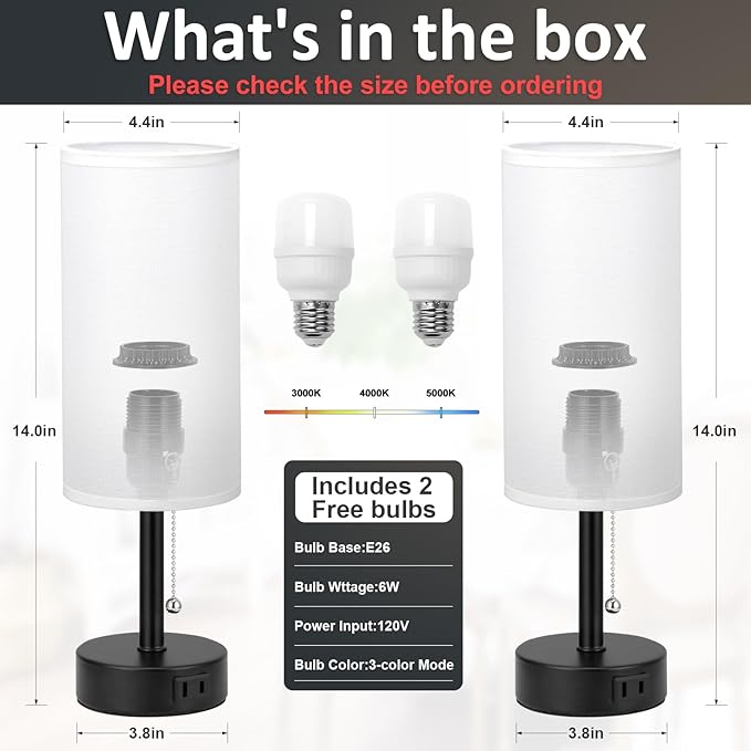 Fenmzee White Bedside Table Lamps Set of 2-3 Color Temperatures Pull Chain Lamp - Image 4