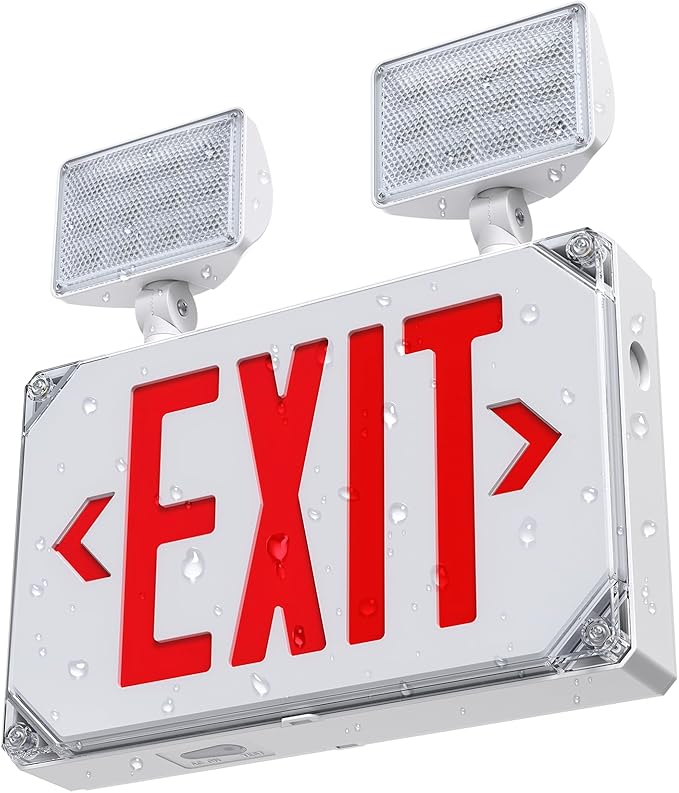 Wet Location Exit Sign with Emergency Lights, Exterior Red LED Exit Light Combo by SASELUX