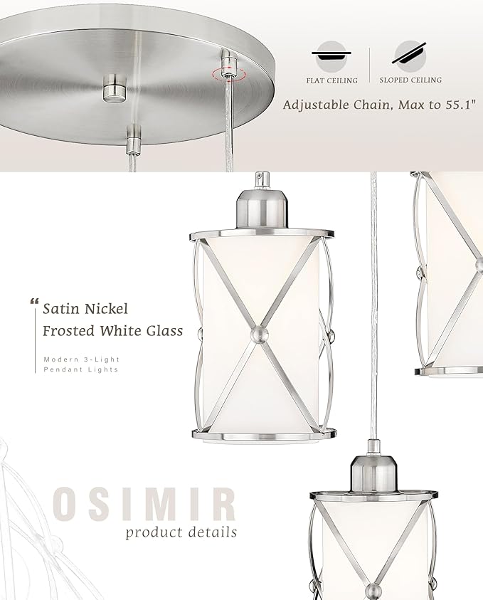 Brushed Nickel Dining Room Chandelier Light Fixture, 3-Light Pendant Lighting - Image 2