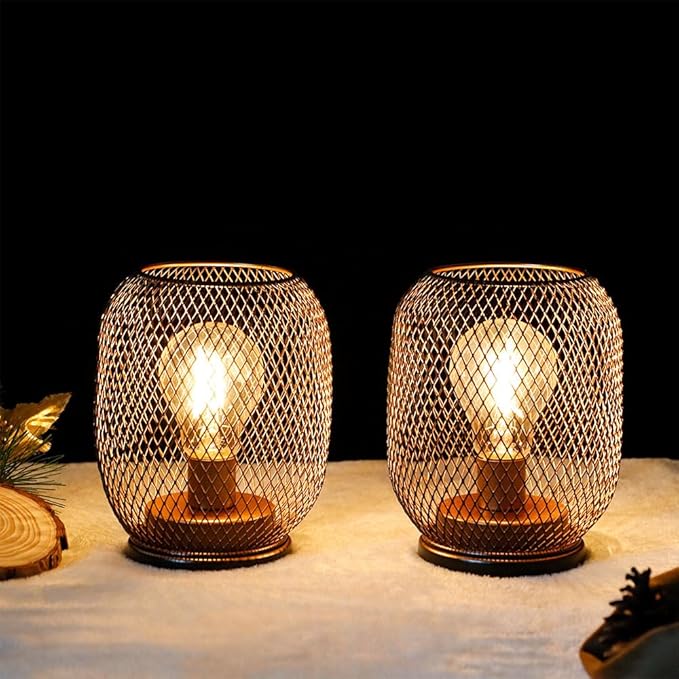 TRIROCKS Set of 2 Battery Operated Lamp LED Table Lantern, Metal Cage Cordless - Image 2