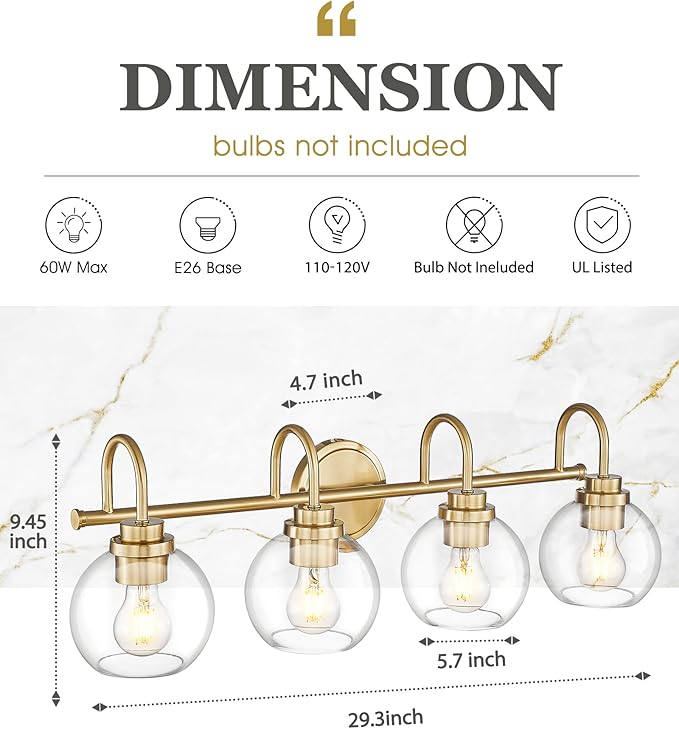 Bathroom Light Fixtures, 4-Light Brushed Gold Vanity Lights - Image 2