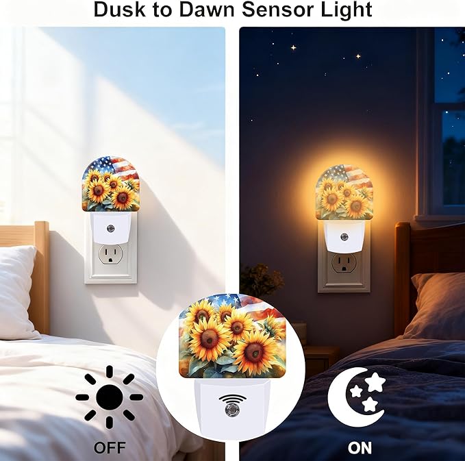 American Flag with Sunflowers Night Light, Dusk-to-Dawn Auto Sensor Plug in - Image 3