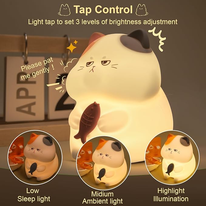Greedy Cat Night Light for Kids, 3 Levels Dimmable Cute Kitty Nursery Nightlight - Image 4