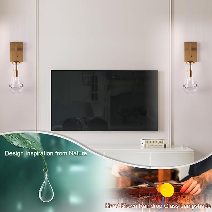HuisMier Raindrop Wall Sconces, Brushed Brass Glass Wall Sconce - Image 2