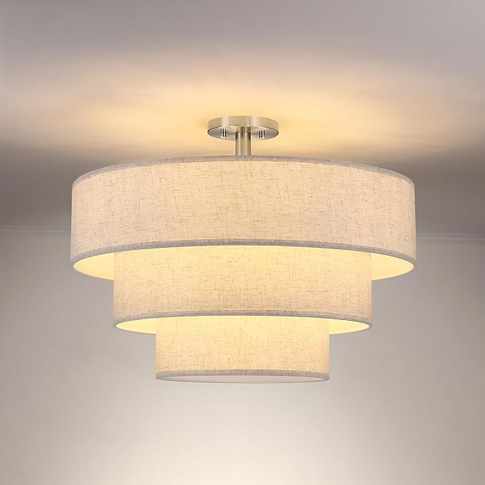 Doraimi Lighting 3 Tier Cream Linen Drum Fabric Semi Flush Mount Light Modern by DoraimiLighting