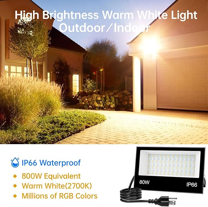 LED Flood Light Outdoor, 80W RGB Color Changing Smart Floodlights 2700K 8000LM - Image 2