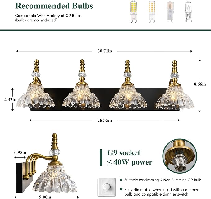 Vintage Bathroom Vanity Light, 4-Light Black Gold Vanity Lighting Fixture - Image 2