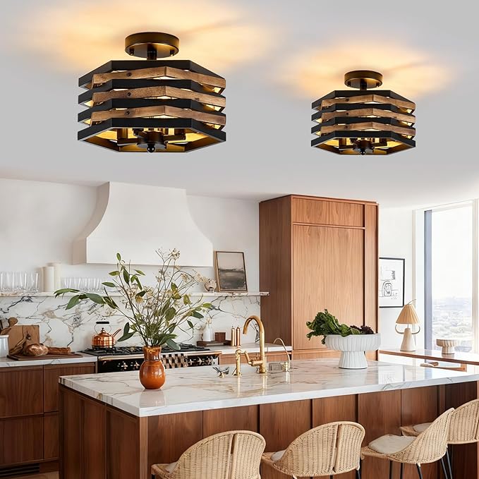 Farmhouse Rustic Wood Flush Mount Ceiling Light Fixtures, 4-Light Close to - Image 6