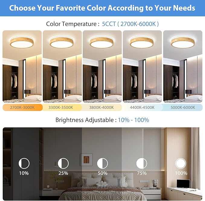 Modern Dimmable Wood Flush Mount Ceiling Light, 2700K-6000K 5CCT Round Close to - Image 2