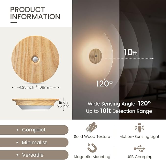 Motion Sensor Night Lights Wood, Rechargeable Battery-Powered Magnetic Stick-On - Image 2
