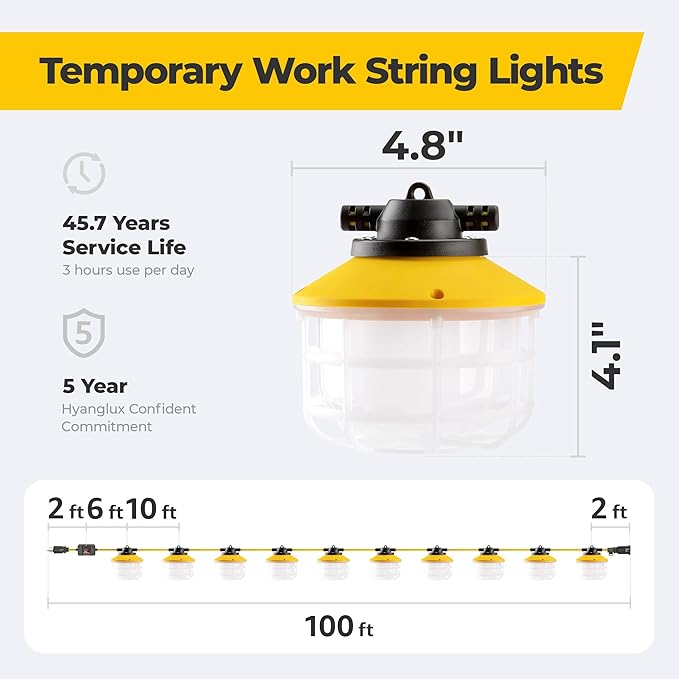 100FT Construction String Lights: 3 Prong 150W Ultra-bright 21000 lumens ETL - Image 6