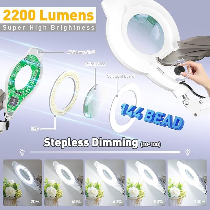 10X Magnifying Glass with Light and Stand, 2200 Lumens Dimmable Magnifying - Image 2