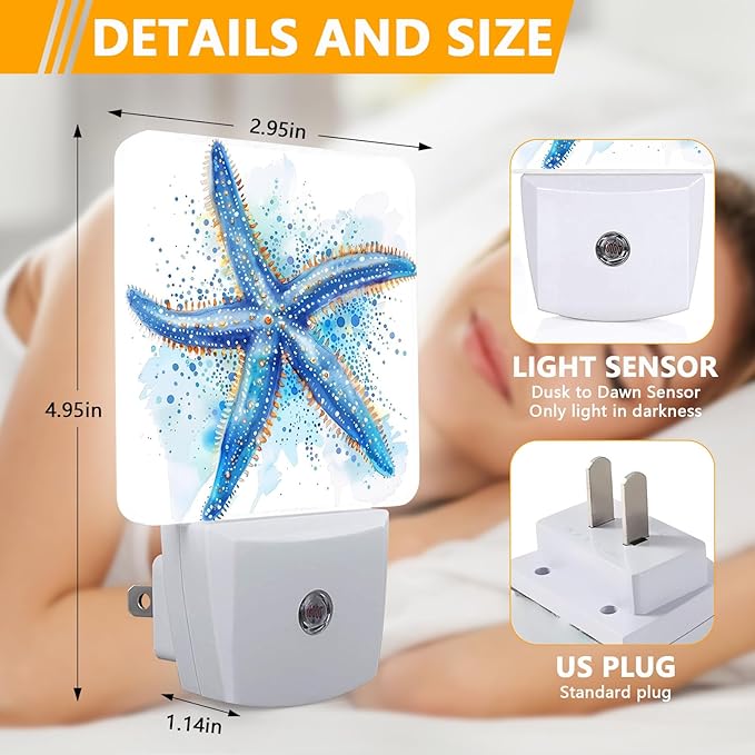 Watercolor Starfish Night Light, Plug-into Sea Beach Nightlight White LED Lamp - Image 2