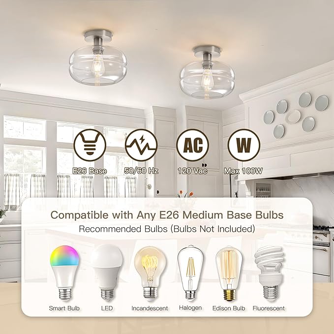 Semi Flush Mount Ceiling Light Fixture, 10-1/2 Inch Clear Glass Shade, Brushed - Image 6