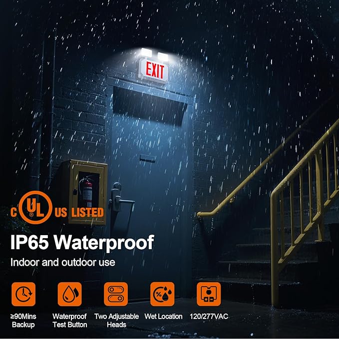 Wet Location Exit Sign with Emergency Lights, Exterior Red LED Exit Light Combo - Image 2