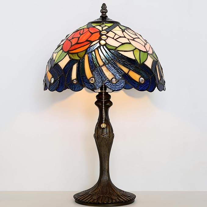 Tiffany Lamp Stained Glass Table Lamp 12” x 19” Rose Feather Style Decorative - Image 3