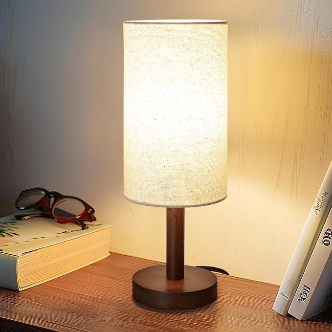 Small Table Lamp for Bedroom, Nightstand Lamp Linen Lampshade Bedroom Wood Base by LALISU