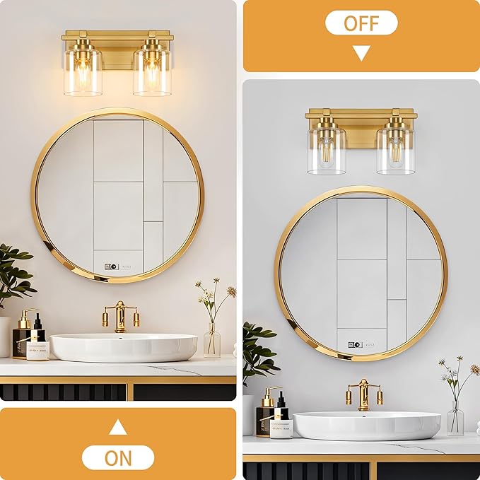 2 Light Modern Bathroom Light Fixtures Over Mirror, Brass Finish Vanity Lights - Image 7