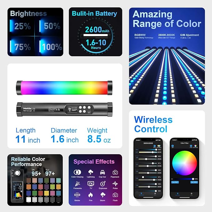 Mettlelite TLX1 RGB Tube Light LED Full Color Portable Video Light - Image 2