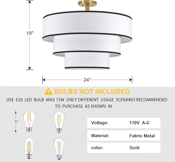 Doraimi Lighting 3 Tier Black White Linen Drum Fabric Semi Flush Mount Light - Image 2