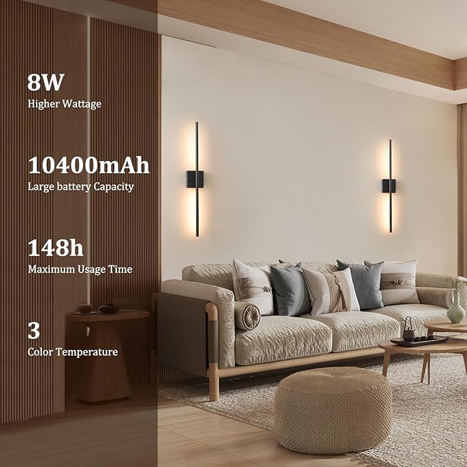 Battery Operated Wall Sconce Set of 2, 10400mAh Rechargeable Wall Lights - Image 3