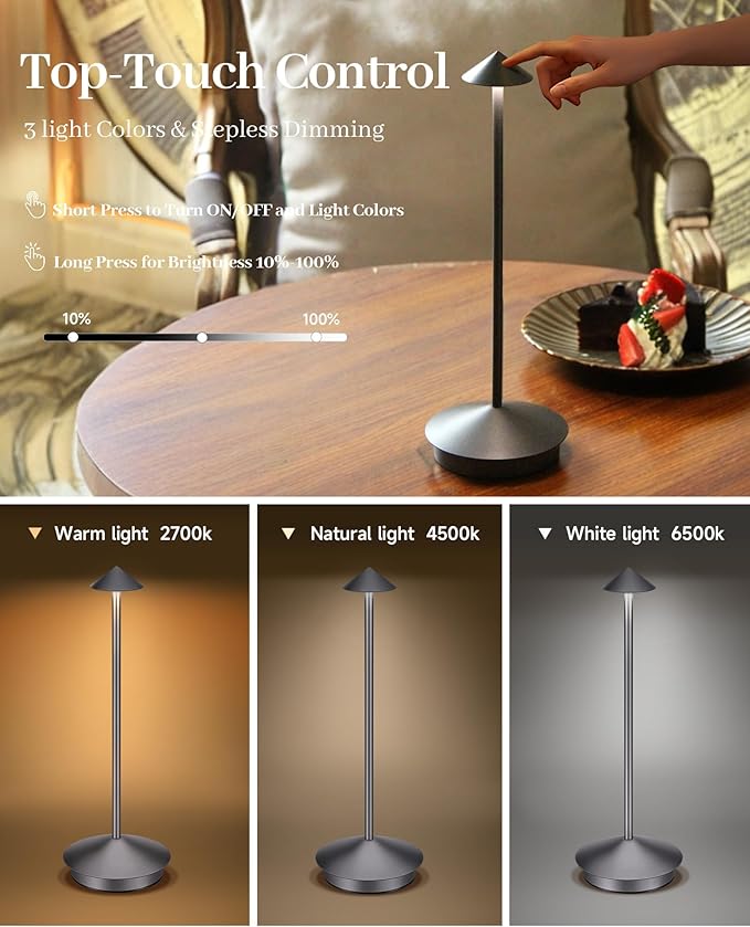 Portable Led Cordless Lamp Table Light 2 Pack, Rechargeable 6000mAh Battery - Image 5