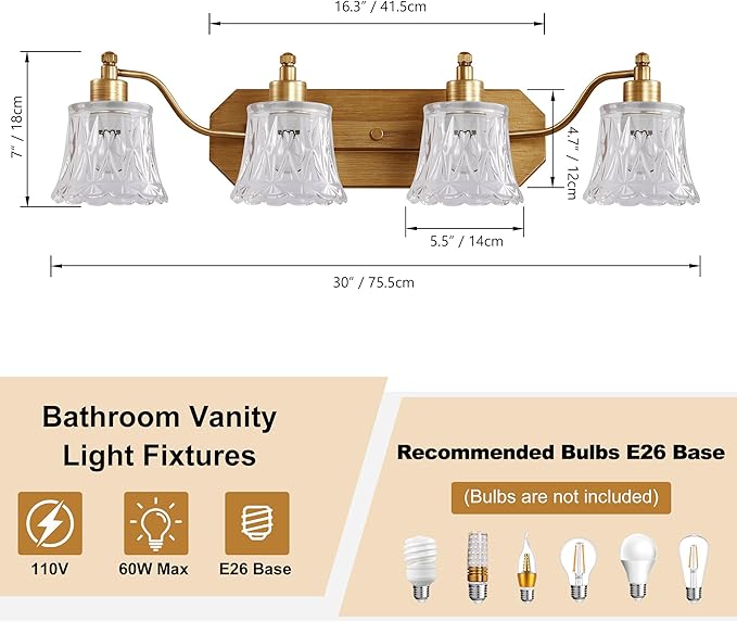 Vintage Bathroom Light Fixtures, 4-Light Gold Vanity Light, Matte Brass Finish - Image 2