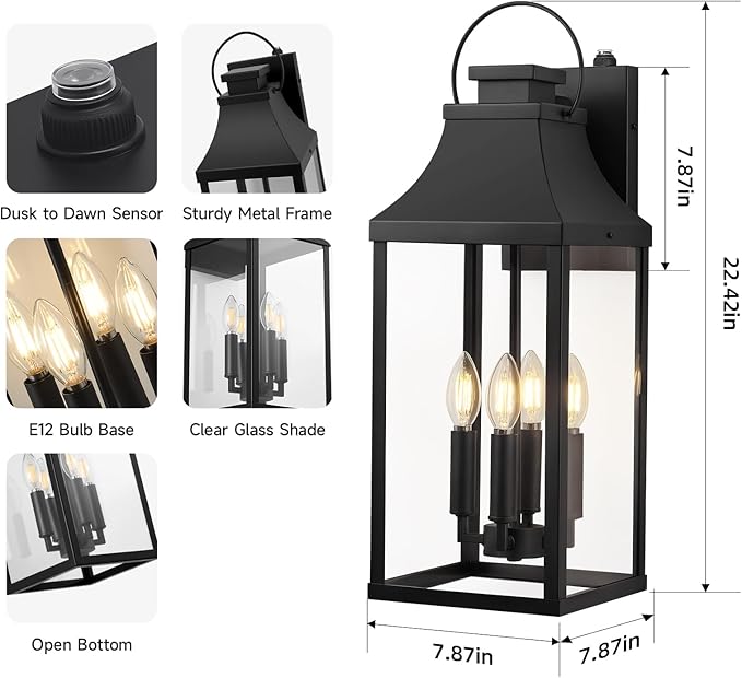 tewei Dusk to Dawn Outdoor Wall Lantern, 4-Light Modern Exterior Lighting - Image 6