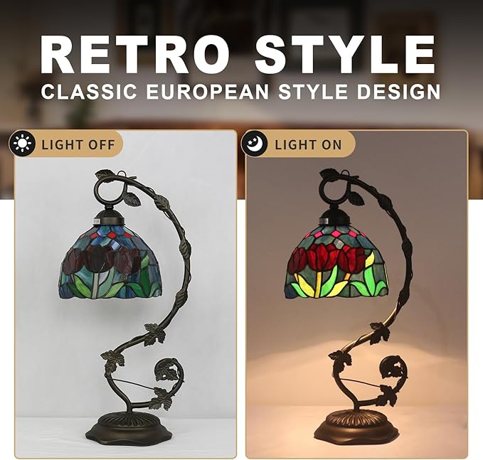 Stained Glass Lamp, Vintage Table Lamp, Living Room, Study（Tulip） - Image 3