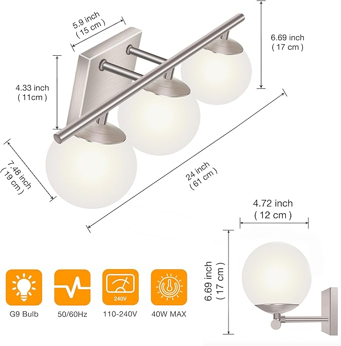 New Bathroom Vanity Light Fixtures 3 Lights Brushed Nickel Glass Shade Modern - Image 4