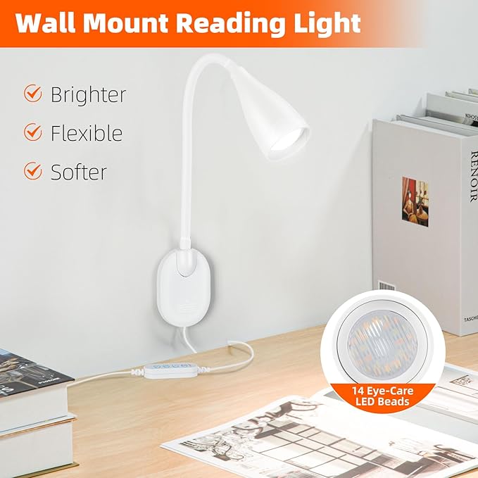 2 Pack LED Wall Mounted Bedside Reading Light, 3 Color Modes, 10 Brightness - Image 2