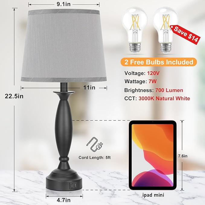 Grey Lamps for Bedrooms Set of 2 - Image 6