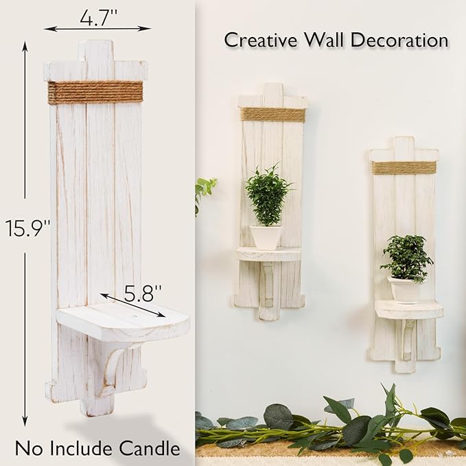 Homemory Wall Sconces Candle Holder Set of 2, Farmhouse Wooden Rustic Wall Decor - Image 4