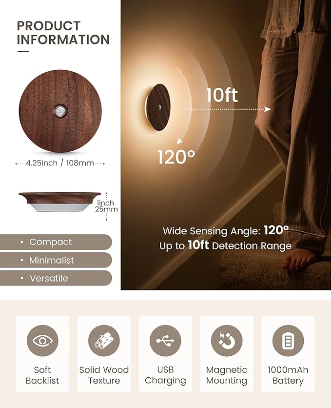 Motion Sensor Night Light Wood Rechargeable Battery-Powered Stick-On Step - Image 2