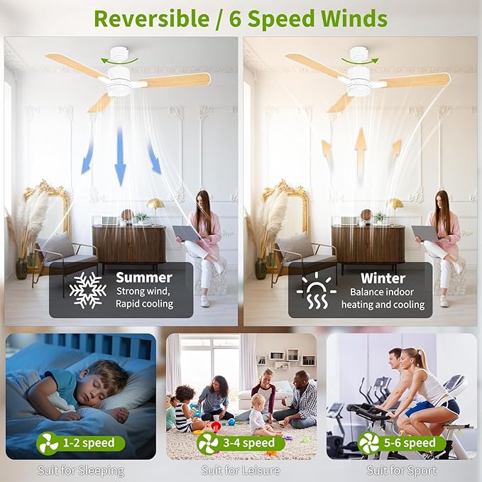 Ceiling Fans with Lights, 52 Inch Low Profile Ceiling Fan with Light and Remote - Image 4
