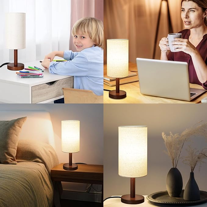 Small Table Lamp for Bedroom, Nightstand Lamp Linen Lampshade Bedroom Wood Base - Image 8