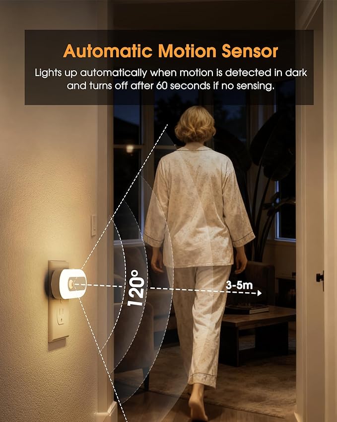 Plug-in LED Night Light with Motion Sensor & Dusk to Dawn Sensor, Dimmable Warm - Image 4