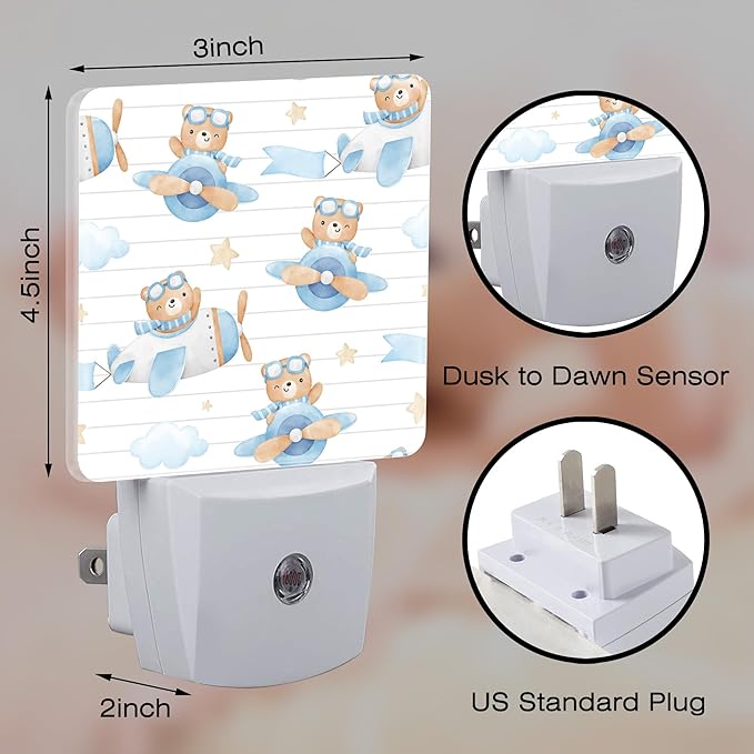 Cute Adventure Bear in Airplane Night Light, Cartoon Animal Dusk to Dawn Night - Image 2