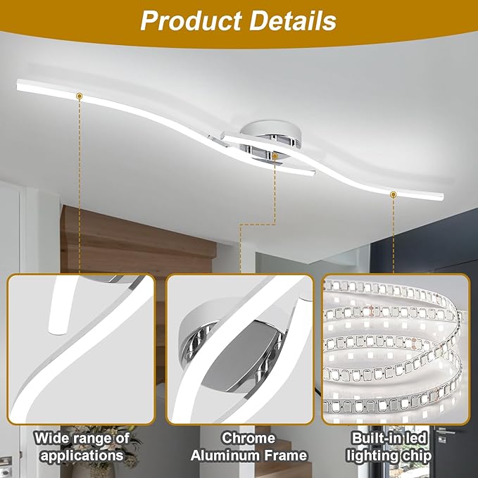 39.37Inch Linear Ceiling Light 6000K Chrome Modern Ceiling Light Fixture 28W - Image 6