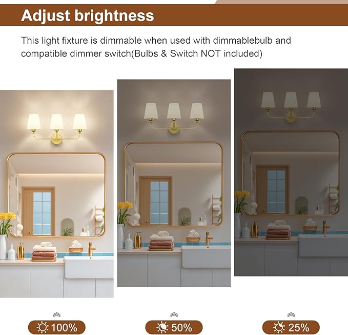 Brushed Gold Bathroom Light Fixtures, 3-Light Vanity Lights, Bathroom Lighting - Image 7