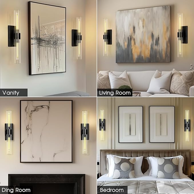 Bathroom Black Vanity Wall Sconces, 2-Light Glass Tube Wall Sconces, Horizontal - Image 7