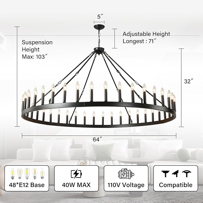 64 Inch Extra Large Black Wagon Wheel Chandelier 42-Light Farmhouse Wagon Wheel - Image 2