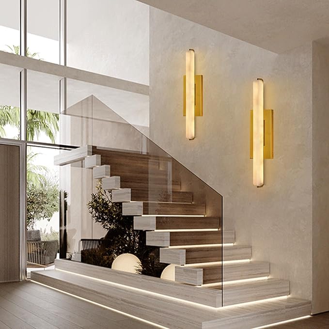 Alabaster Wall Sconces Set of Two, 25in Brass Alabaster Sconce, Modern Spanish - Image 6