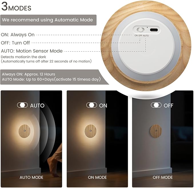 Motion Sensor Night Lights Wood, Rechargeable Battery-Powered Magnetic Stick-On - Image 3