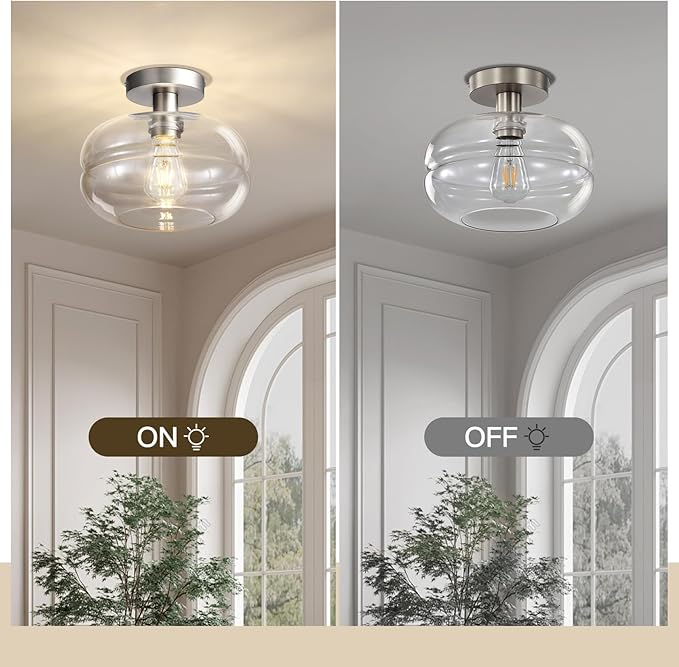 Semi Flush Mount Ceiling Light Fixture, 10-1/2 Inch Clear Glass Shade, Brushed - Image 7