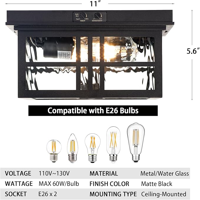 Industrial Motion Sensor Outdoor Flush Mount Ceiling Light, Water Ripple Glass - Image 5