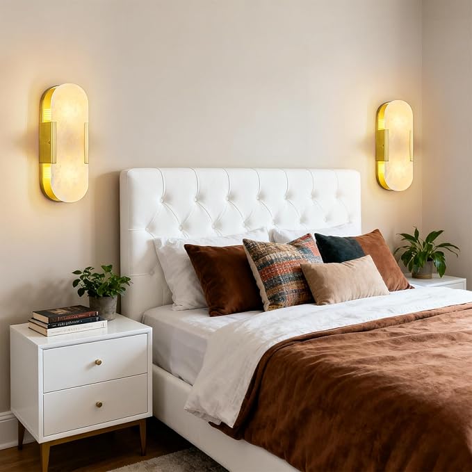 Brass Alabaster Wall Sconces Set of Two, Modern Natural Marble Wall Sconces - Image 7