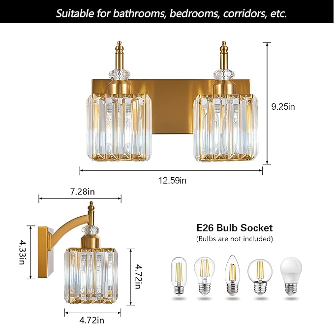 Modern Bathroom Vanity Light 2-Light Gold Crystal Light Fixtures Over Mirror - Image 4