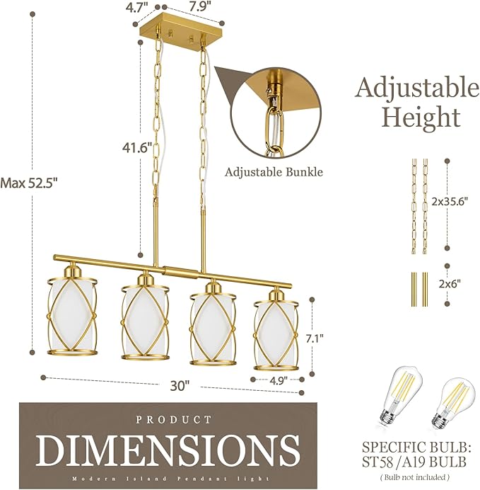 4-Light Kitchen Island Lighting, Brushed Gold Linear Dining Room Light Fixtures - Image 3