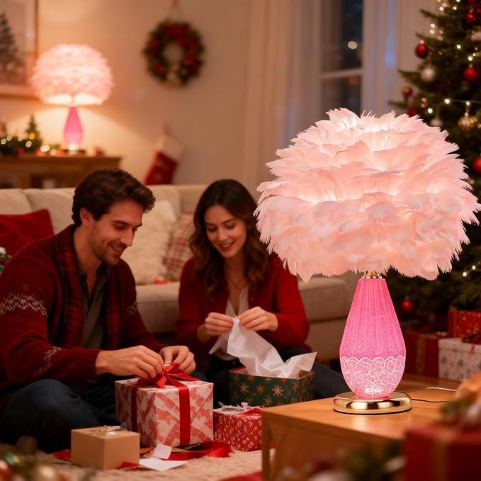 Pink Feather Lamp with Cracked Ice Glass Bottle & Gold Base, Dual Light 3 Color - Image 5